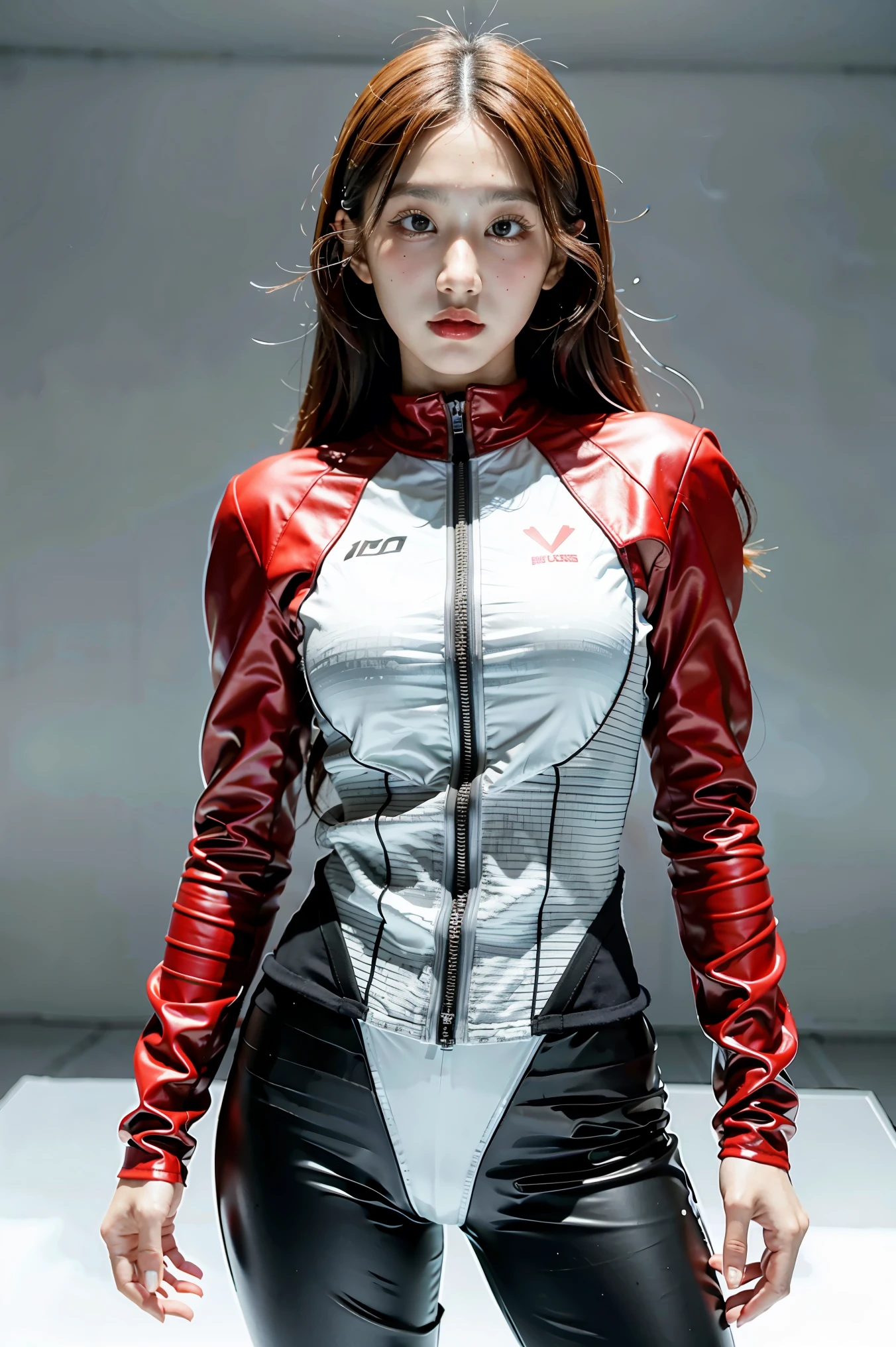 One girl wearing a superhero suit, standing against a white background with perfect skin and a perfect face. The image is in 4K high resolution.