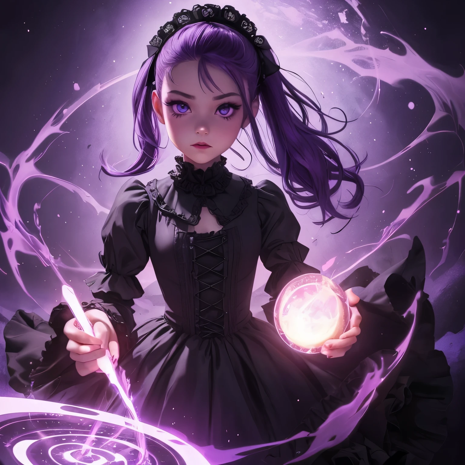 One, Puella Magi Madoka is floating a purple skull on the palm of her hand, activates magic, mysterious, magical, space filled with magic, wizard costume, closes her eyes and prays