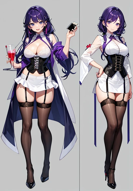 Purple Hair,Shortcuts,Adult female,(((bartender))),((Body Harness)),((Roll up your sleevesYshirt)),(corset),(Tight Skirt),((garter belt)),High heels,((Simple Background)),smile,((whole body)),((whole body)),Character Sheet,