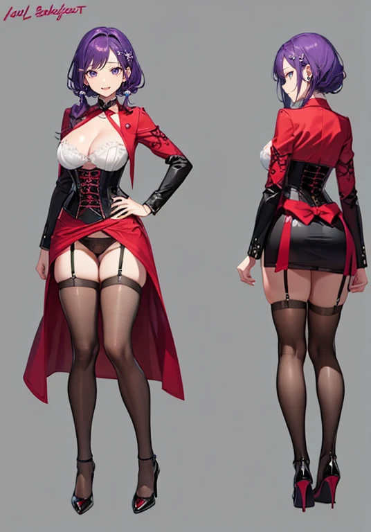 Purple Hair,Shortcuts,Adult female,(((bartender))),((Body Harness)),((Roll up your sleevesＹshirt)),(corset),(Tight Skirt),((garter belt)),High heels,((Simple Background)),smile,((whole body)),((whole body)),Character Sheet,