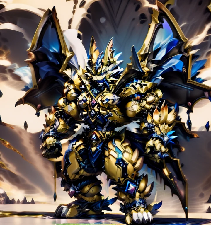 Zeraora's giant robot. (masterpiece, best quality, detailed:1.2) (Pokémon) Powered exoskeleton with the same design as Zeraora big muscle, GIANT, pecs, triceps, traps, waist narrow. bulge in the crotch,  with huge golden laser sword, body full of huge muscles. also have a cloak on my back. The cloak is so long that it touches the ground, showing off muscles, mechs, Correct limbs, detailed full body, Very muscular, Large pecs, Heavyweight, Bodybuilder figure, Wearing cyberpunk mecha, big bump, sparkling skin, Vibrant colors, 4K, realism, Don't stray too far from Zeraora's design, Furry Heroes, Main is yellow COLOR, have big wings.