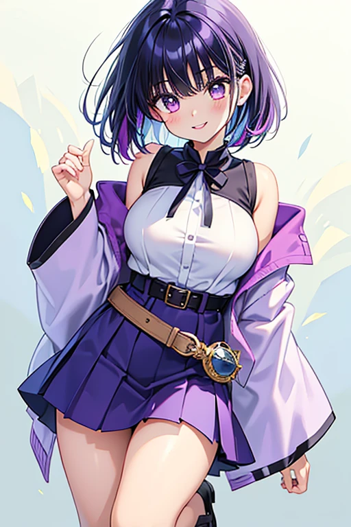 1girl, solo, breasts, looking at viewer, blush, smile, short hair, bangs, skirt, large breasts, black hair, hair ornament, long sleeves, medium breasts, purple eyes, jacket, purple hair, sidelocks, multicolored hair, pleated skirt,  parted lips, japanese clothes, day, belt, miniskirt, wide sleeves, two-tone hair, lips, parted bangs, gradient hair, purple skirt, Standing, white belt, White background, full body shot，towards the front，