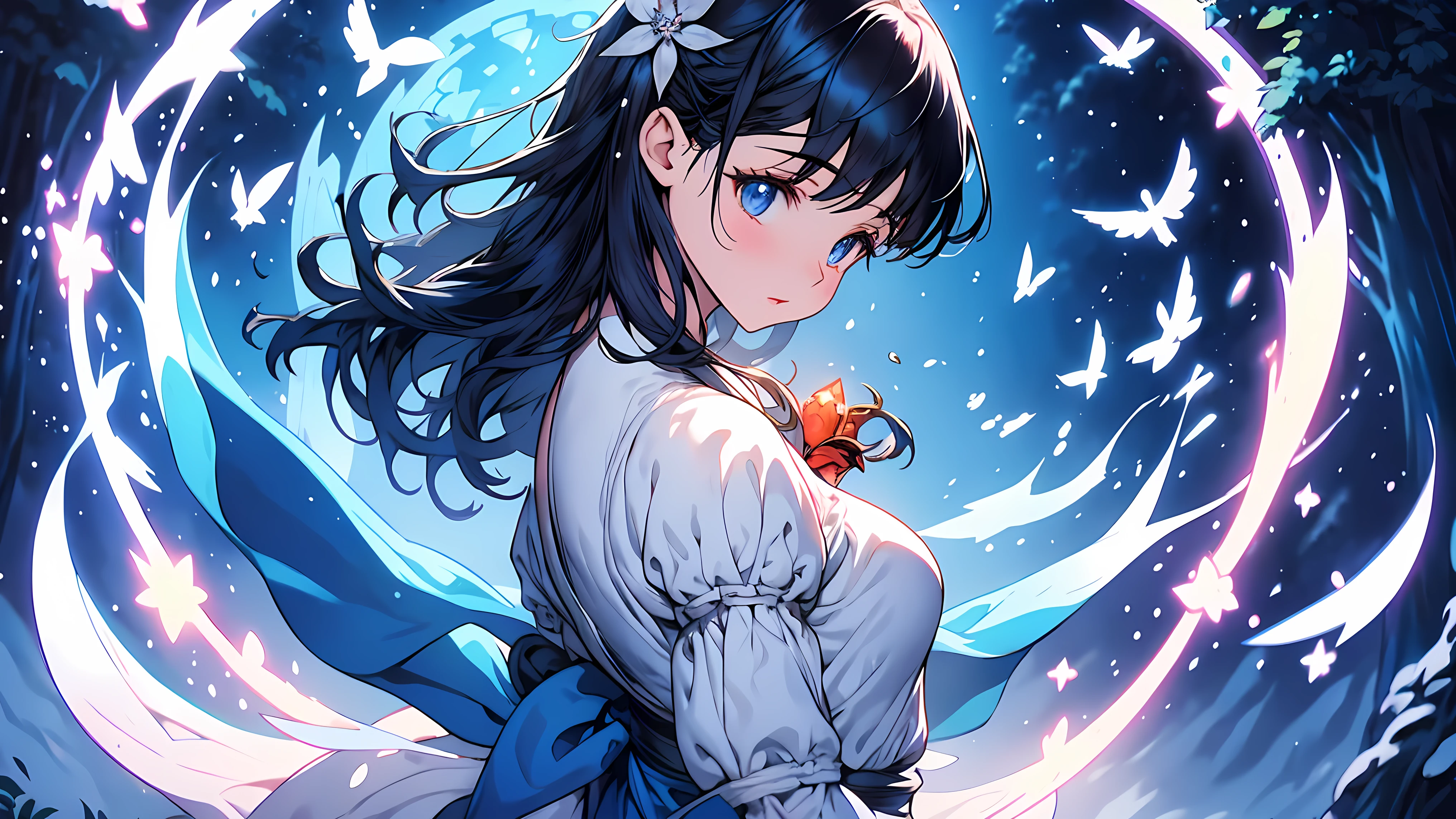 Generate an image that represents Snow White in a movie scene. Blancanieves, with her characteristic blue and yellow dress, It is located in the forest surrounded by leafy trees and forest animals. A su alrededor, The birds sing and the rabbits jump while Snow White walks with grace and serenity. En el fondo, el castillo del malvado reina se alza sobre una colina, envuelto en sombras y misterio. The scene is imbued with an aura of magic and charm, capturing the essence of the classic fairy tale in a memorable cinematic moment