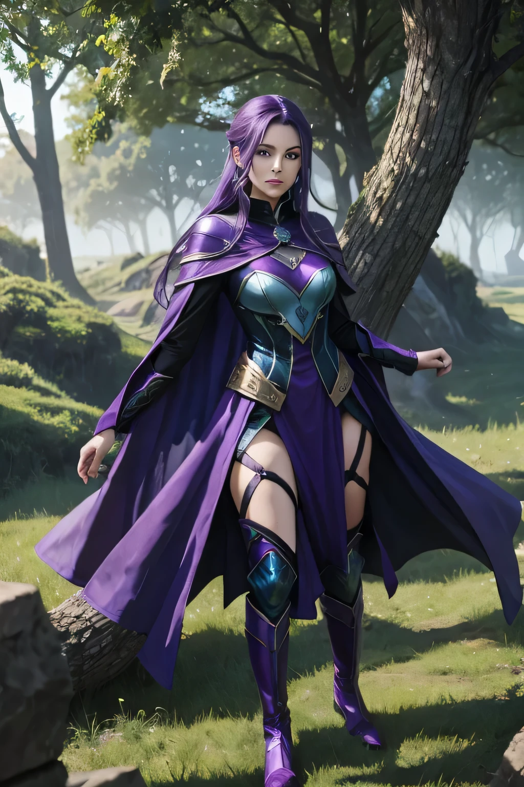 Fantasy, woman, blue eyes, purple hair, mage suit, green field with a big tree