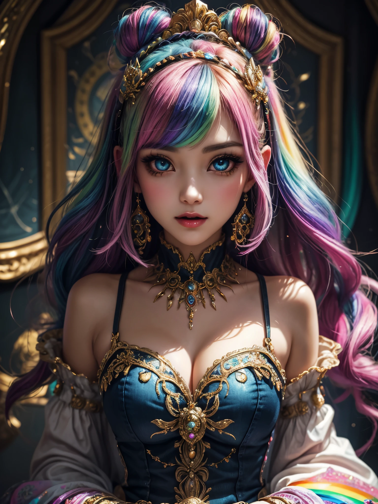 this artwork should be colorful and evoke feelings of euphoria and ecstasy. generate a beautiful fantasy woman with an interesting and dynamic manic expression. the woman is dressed in the style of harajuku decora fashion. there are many intricate and highly detailed decora fashion accents. clothing is ornate and extravagant with contrasting colors, textures, and patterns. include strong influences from lisa frank. include many awe-inspiring fantasy elements. ((include phantasmal iridescence, crystals, bumps, and rainbow colors that drip like paint through the artwork.)) rainbow paint should drip through hair and onto face and body. pay particular attention to a beautifully detailed face with realistic shading. include 8k eyes, highly detailed eyes, realistically detailed eyes, macro eyes, bright eyes. the overall feeling of this artwork should be happiness and excitement. the artwork should be highly ornate. impress me. the artwork should be highly creative and ultra ornate. include many decora decorations and accessories. (fantasy00d), high quality, highres, detail enhancement