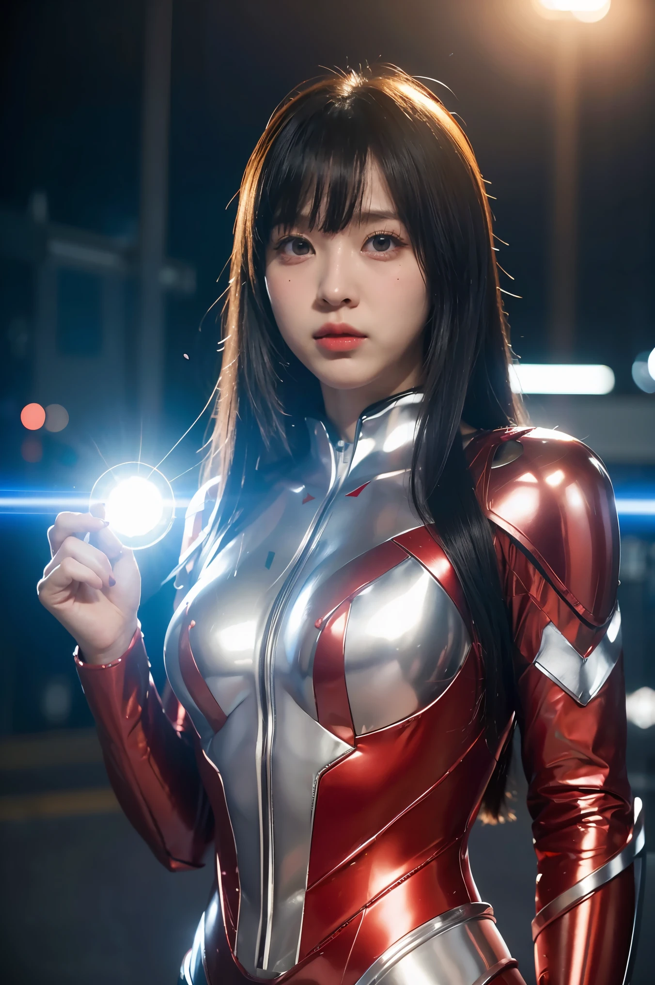 Ultraman、realistic、realistic、cinematic lighting, Girl in a shiny red and silver suit、15 years old、professional photos、Don&#39;Do not expose your skin, japanese model, japanese cgi、Ultraman Suit、, Power Rangers Suit、tight and thin cyber suit,Whole body rubbery、There&#39;s pink There、 delicate body, big breasts、small ass、thin thighs、thin arms、thin waist、camel toe、Both sides of the cyber suit stick to the skin、Big eyes、black short hair、facing the front、facing the front立っている、A glowing sphere is embedded in the chest.、Essay Examination、 blue sky background