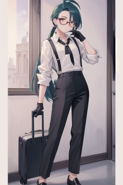 ((highest quality)), ((masterpiece)), (be familiar with),One girl,Chile,White Eyes,Earrings,Small breasts,Flat Chest,Black tie,shirt,White shirt,suspenders,Black gloves,Black trousers,shoes,good looking,Glasses,