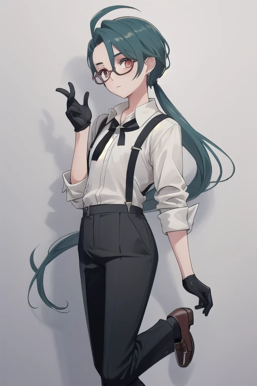 ((highest quality)), ((masterpiece)), (be familiar with),One girl,Chile,White Eyes,Earrings,Small breasts,Flat Chest,Black tie,shirt,White shirt,suspenders,Black gloves,Black trousers,shoes,good looking,Glasses,