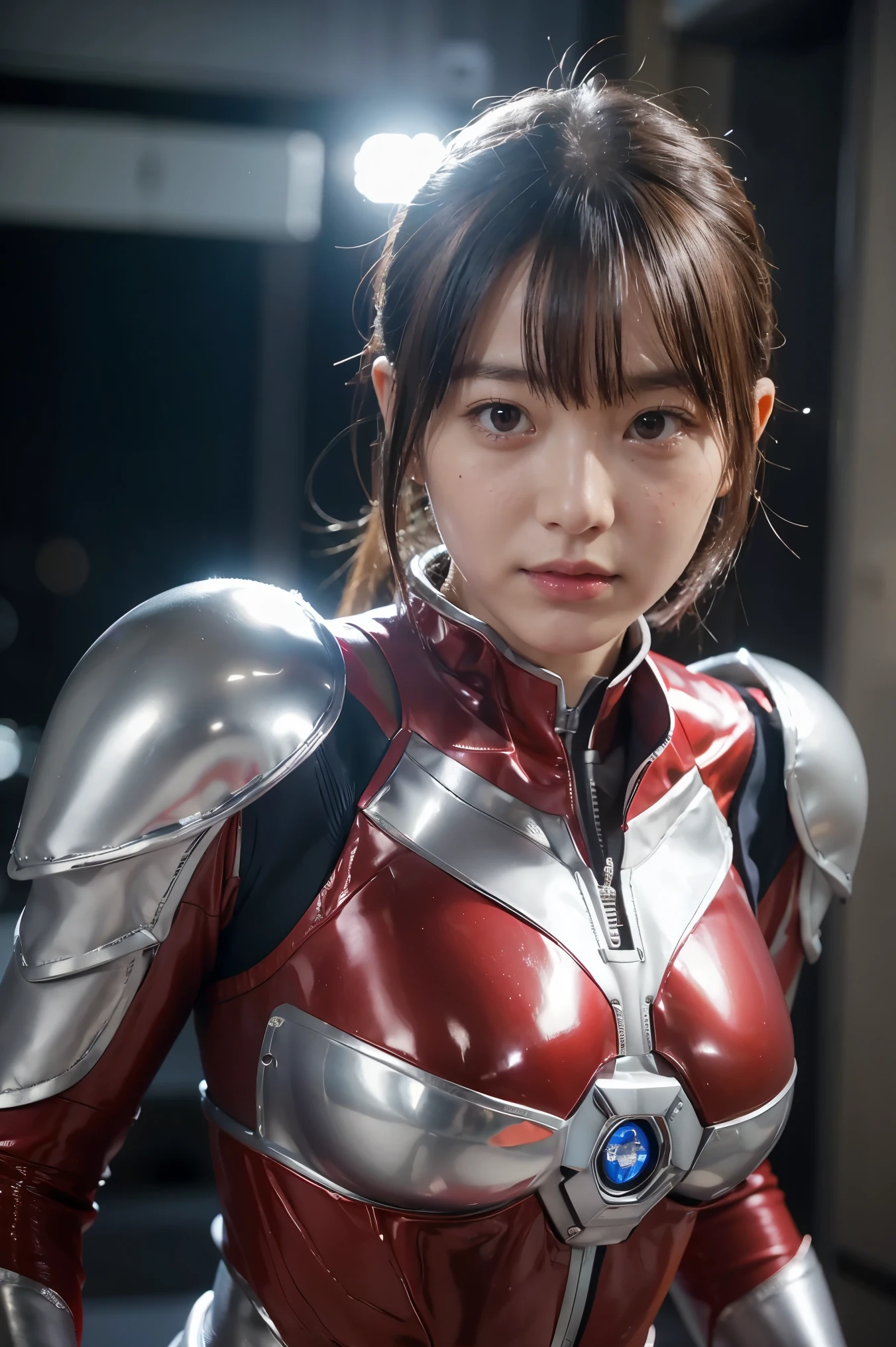 Ultraman、realistic、realistic、cinematic lighting, Girl in a shiny red and silver suit、、professional photos、Don&#39;Do not expose your skin, japanese model, japanese cgi、Ultraman Suit、, Power Rangers Suit、tight and thin cyber suit,Whole body rubbery、There&#39;s pink There、 delicate body, big breasts、small ass、thin thighs、thin arms、thin waist、camel toe、Both sides of the cyber suit stick to the skin、Big eyes、black short hair、facing the front、facing the front立っている、A glowing sphere is embedded in the chest.、Essay Examination、 blue sky background