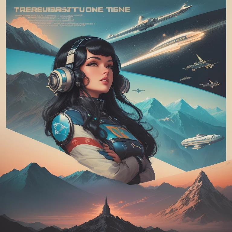 there are two pictures of a train and a plane flying over a mountain, retro futuristic illustration, retro futurism art, retro futurism, komatsuzaki retro-futurism, retro - futurism, retro-futurism, retro futurism style, poster illustration, retro sci - fi art, retro 1 9 6 0 s sci - fi art, futuristic poster