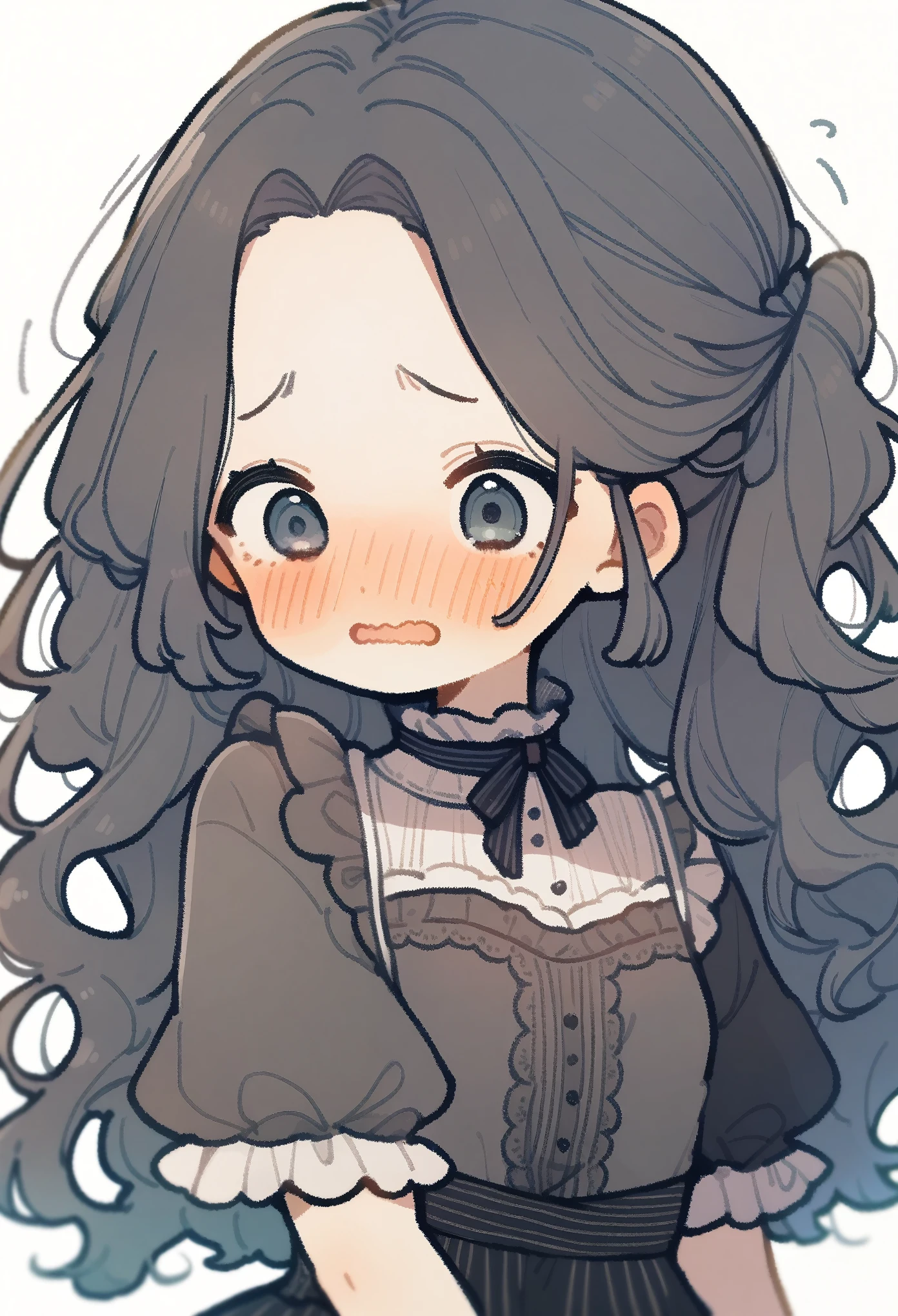 (by shionosuke:1.3), 1girl, masterpiece, best quality, very aesthetic, absurdres, ultra-detailed, zoom out, upper body, score_9, score_8_up, score_7_up, black hair, long hair, parted bangs, forehead, dark blue eyes, innexpressive, blush, embarrassed, wavy mouth, small breasts, upper body, victorian fashion, black dress, frilled dress, short sleeves, white background background