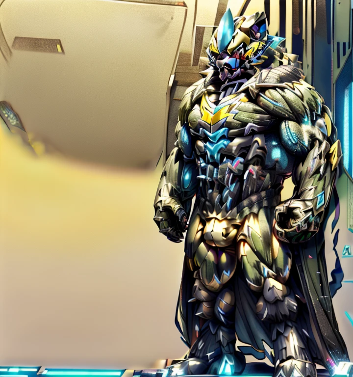 Zeraora's giant robot. (masterpiece, best quality, detailed:1.2) (Pokémon) Powered exoskeleton with the same design as Zeraora big muscle, GIANT, pecs, triceps, traps, waist narrow. bulge in the ??????, with huge golden laser sword, body full of huge muscles. also have a cloak on my back. The cloak is so long that it touches the ground, showing off muscles, mechs, Correct limbs, detailed full body, Very muscular, Large pecs, Heavyweight, Bodybuilder figure, Wearing cyberpunk mecha, big bump, sparkling skin, Vibrant colors, 4K, realism, Don't stray too far from Zeraora's design, Furry Heroes, Main is yellow COLOR, have big wings.