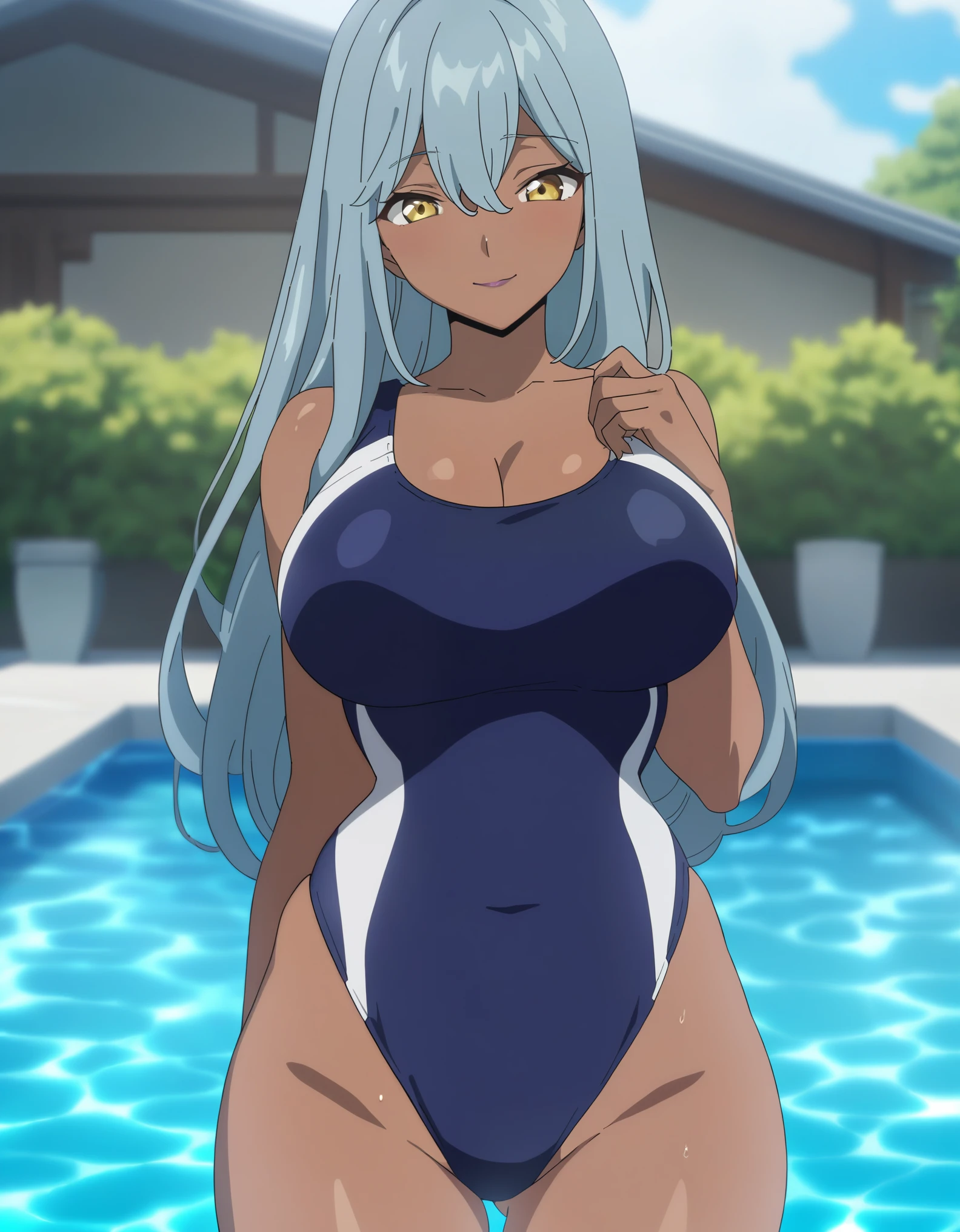 anime screencap, anime coloring, BREAK, 1girl, dark skin, long hair, yellow eyes, large breasts, competition swimsuit, cleavage, light smile, looking at viewer, cowboy shot, poolside, masterpiece, best quality, very aesthetic, absurdres