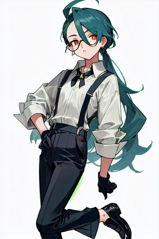 ((highest quality)), ((masterpiece)), (be familiar with),One girl,Chile,White Eyes,Earrings,Small breasts,Flat Chest,Black tie,shirt,White shirt,suspenders,Black gloves,Black trousers,shoes,good looking,Glasses