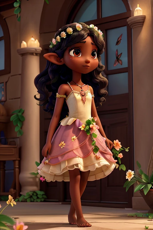 fairy, 12 years old, with large prominent wings decorated with flowers and butterflies, discreet pointed elf ears, long curly black hair adorned with a flower crown giving a romantic air, long dress in earthy tones with flowing brown details with bare collarbone shoulders, pink flowers and green leaves decorating all the dresses, barefoot, ropes and flowers decorating ankle and arm, black eyes, perfect dark skin, realistic, long eyelashes, mesmerizing beauty, alone in the scene, full body, walking, facing the camera, looking forward, in studio, without scenery, 8k