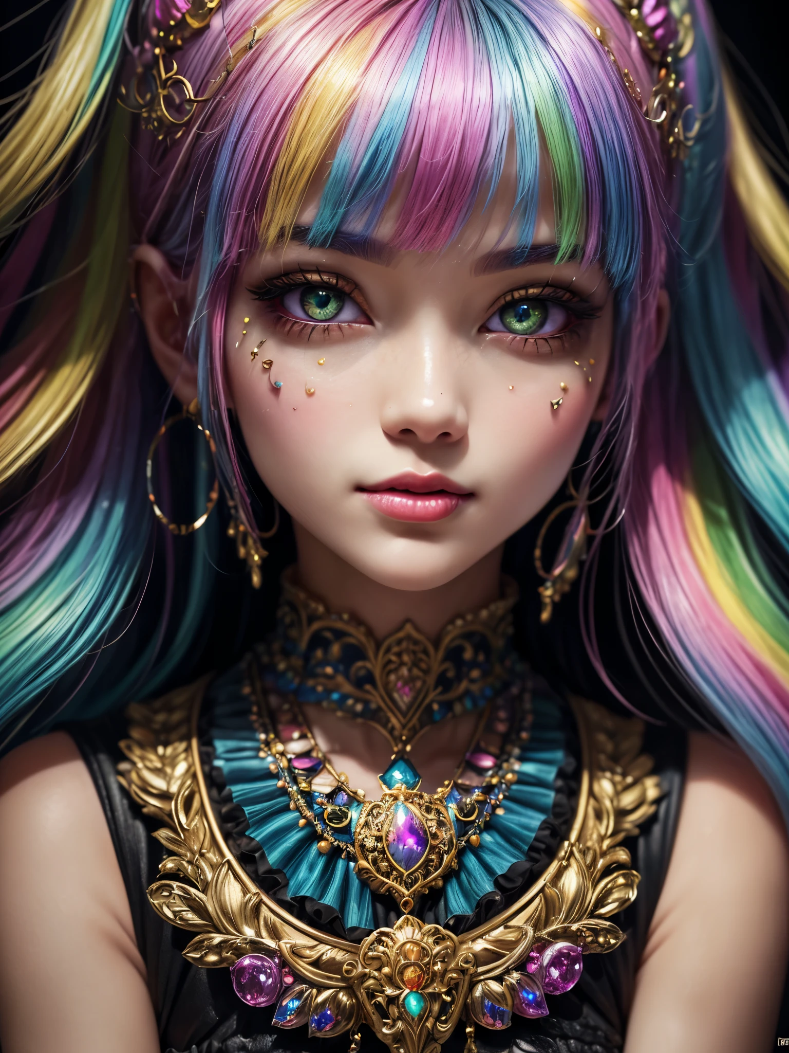 this artwork should be colorful and evoke feelings of euphoria and ecstasy. generate a beautiful fantasy woman with an interesting and dynamic manic expression. the woman is dressed in the style of harajuku decora fashion. there are many intricate and highly detailed decora fashion accents. clothing is ornate and extravagant with contrasting colors, textures, and patterns. include strong influences from lisa frank. include many awe-inspiring fantasy elements. ((include phantasmal iridescence, crystals, bumps, and rainbow colors that drip like paint through the artwork.)) rainbow paint should drip through hair and onto face and body. pay particular attention to a beautifully detailed face with realistic shading. include 8k eyes, highly detailed eyes, realistically detailed eyes, macro eyes, bright eyes. the overall feeling of this artwork should be happiness and excitement. the artwork should be highly ornate. impress me. the artwork should be highly creative and ultra ornate. include many decora decorations and accessories. (fantasy00d), high quality, highres, detail enhancement