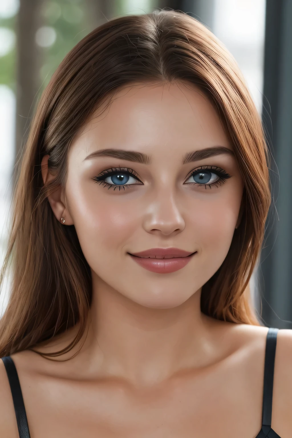 blaue Augen, Lidschatten,Wimpern, Pupils, Augenbrauen, Nase, Lippen, smile, Gesicht, braune Haare, lange Haare, in einem Mercedes, 1 girl, Allein,schwarzes enges Kleid