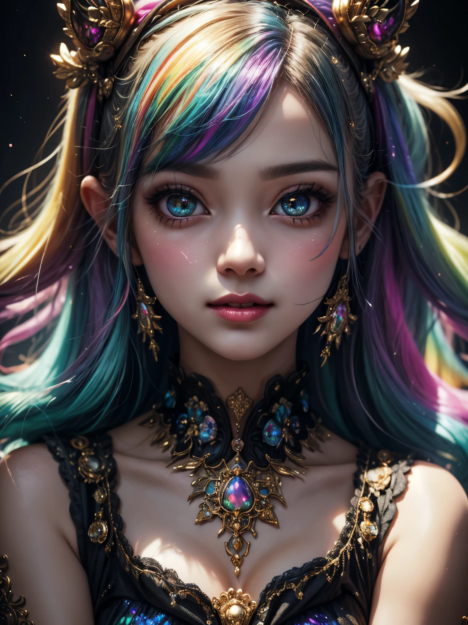 this artwork should be colorful and evoke feelings of euphoria and ecstasy. generate a beautiful fantasy woman with an interesting and dynamic manic expression. the woman is dressed in the style of harajuku decora fashion. there are many intricate and highly detailed decora fashion accents. clothing is ornate and extravagant with contrasting colors, textures, and patterns. include strong influences from lisa frank. include many awe-inspiring fantasy elements. ((include phantasmal iridescence, crystals, bumps, and rainbow colors that drip like paint through the artwork.)) rainbow paint should drip through hair and onto face and body. pay particular attention to a beautifully detailed face with realistic shading. include 8k eyes, highly detailed eyes, realistically detailed eyes, macro eyes, bright eyes. the overall feeling of this artwork should be happiness and excitement. the artwork should be highly ornate. impress me. the artwork should be highly creative and ultra ornate. include many decora decorations and accessories. (fantasy00d), high quality, highres, detail enhancement