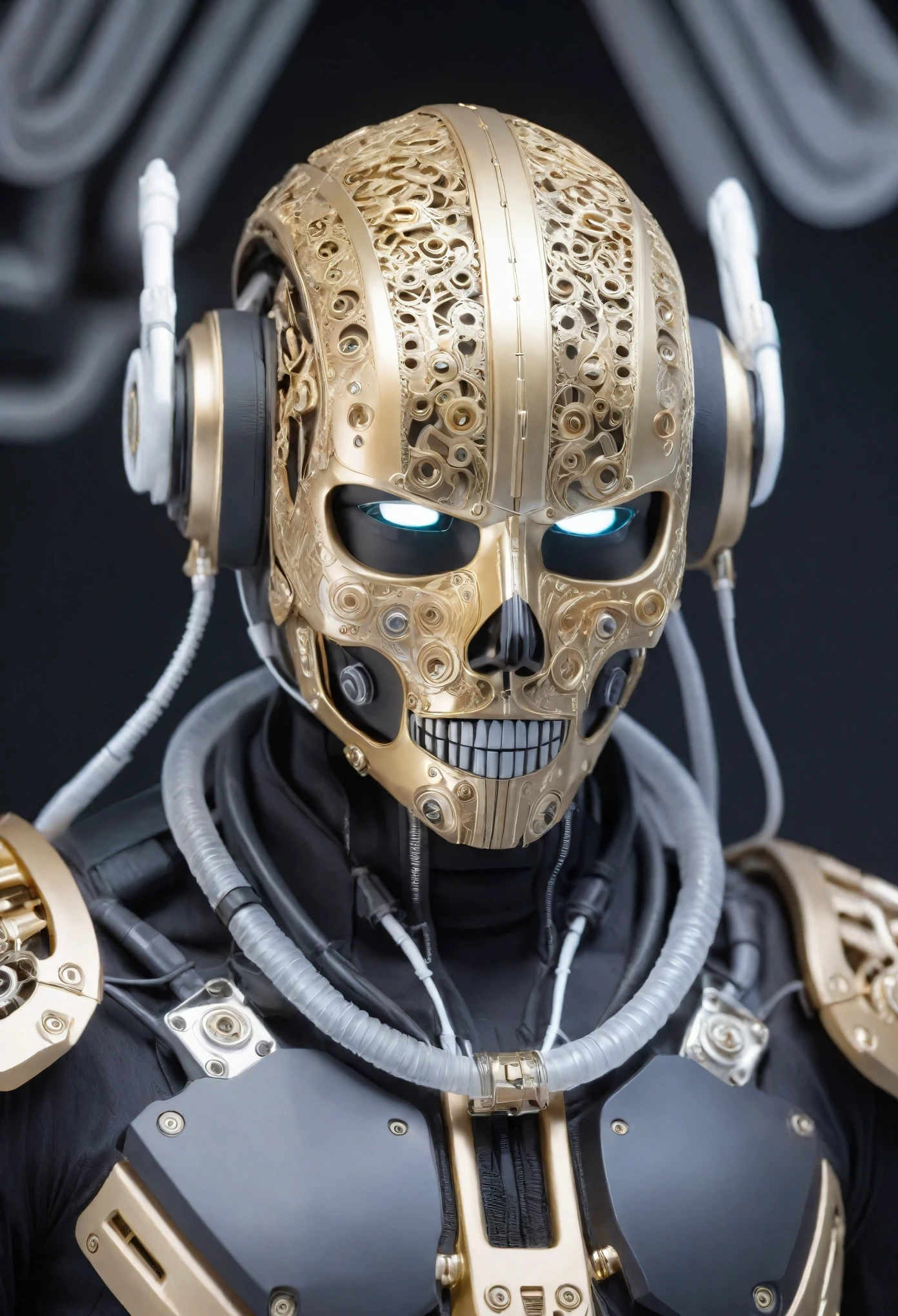 Create an ultra-detailed, official art-style 8K wallpaper featuring a mechanical boy with zentangle and mandala-inspired designs.
The image should be a full-body, dynamic angle portrait with cinematic lighting, emphasizing the intricate mechanical joints and limbs.
Highlight the blood vessels connected to tubes and the mechanical vertebra and cervical attachments.
a elite soldier styled like a Call of Duty Ghost Operator, wearing a black and gold skull mask, with folded hands and a menacing gaze.
The character should have wires and cables attaching to their neck and head, with a focus on the science fiction aspect and extreme, colorful detail.