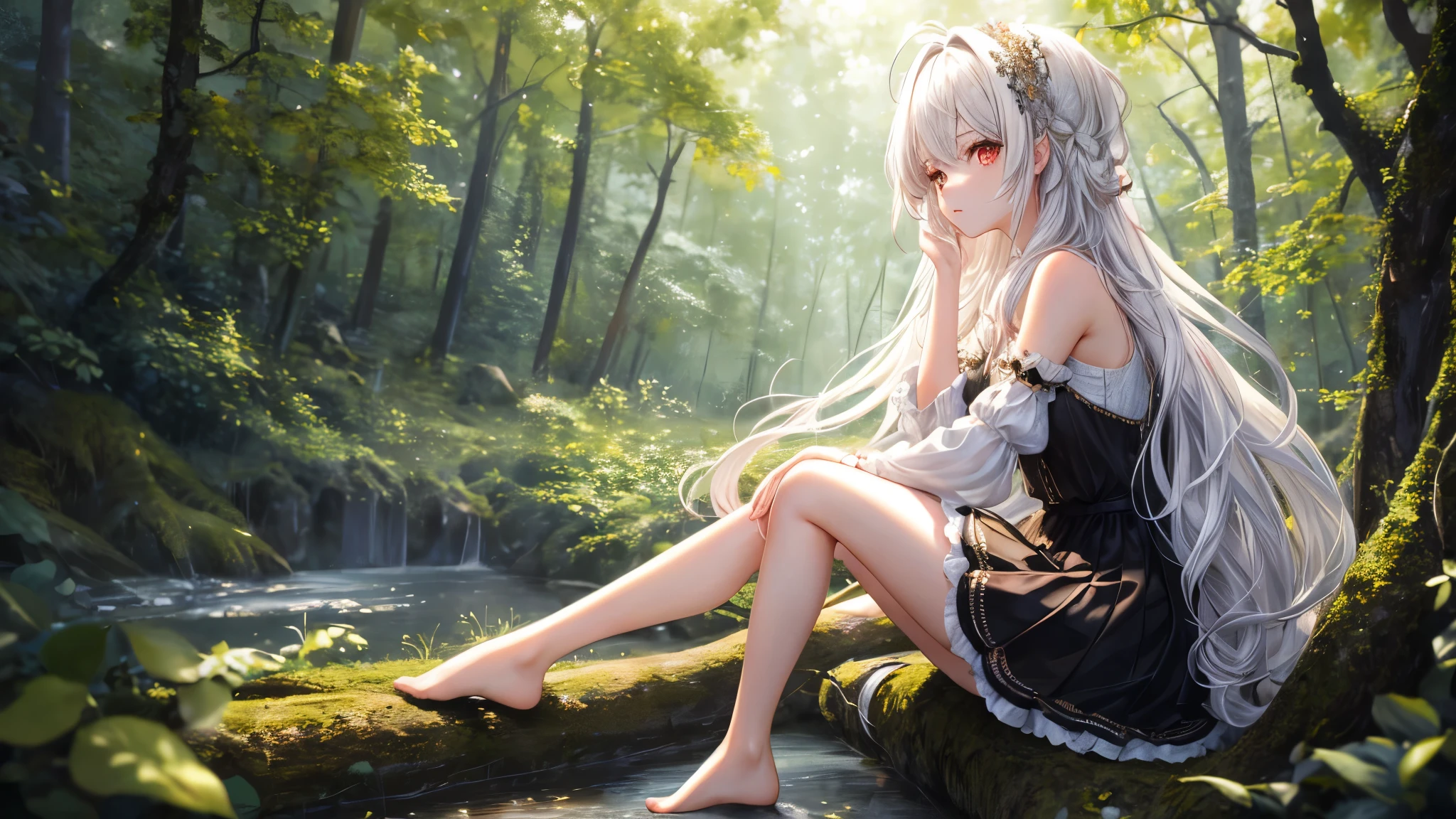 ((masterpiece)), (High resolution), (highest quality), (super detailed), (figure), original, Highly detailed 8K wallpaper, ((1 girl)), (very delicate and beautiful), forest, sunlight, particles of light, ,cute, ((messy hair)), very long bright white hair, red eyes, bare shoulders ,delicate legs, black skirt ,looking at the viewer, Looks straight into your eyes, her gaze is directed at you, sitting,from the side from the side, small breasts,