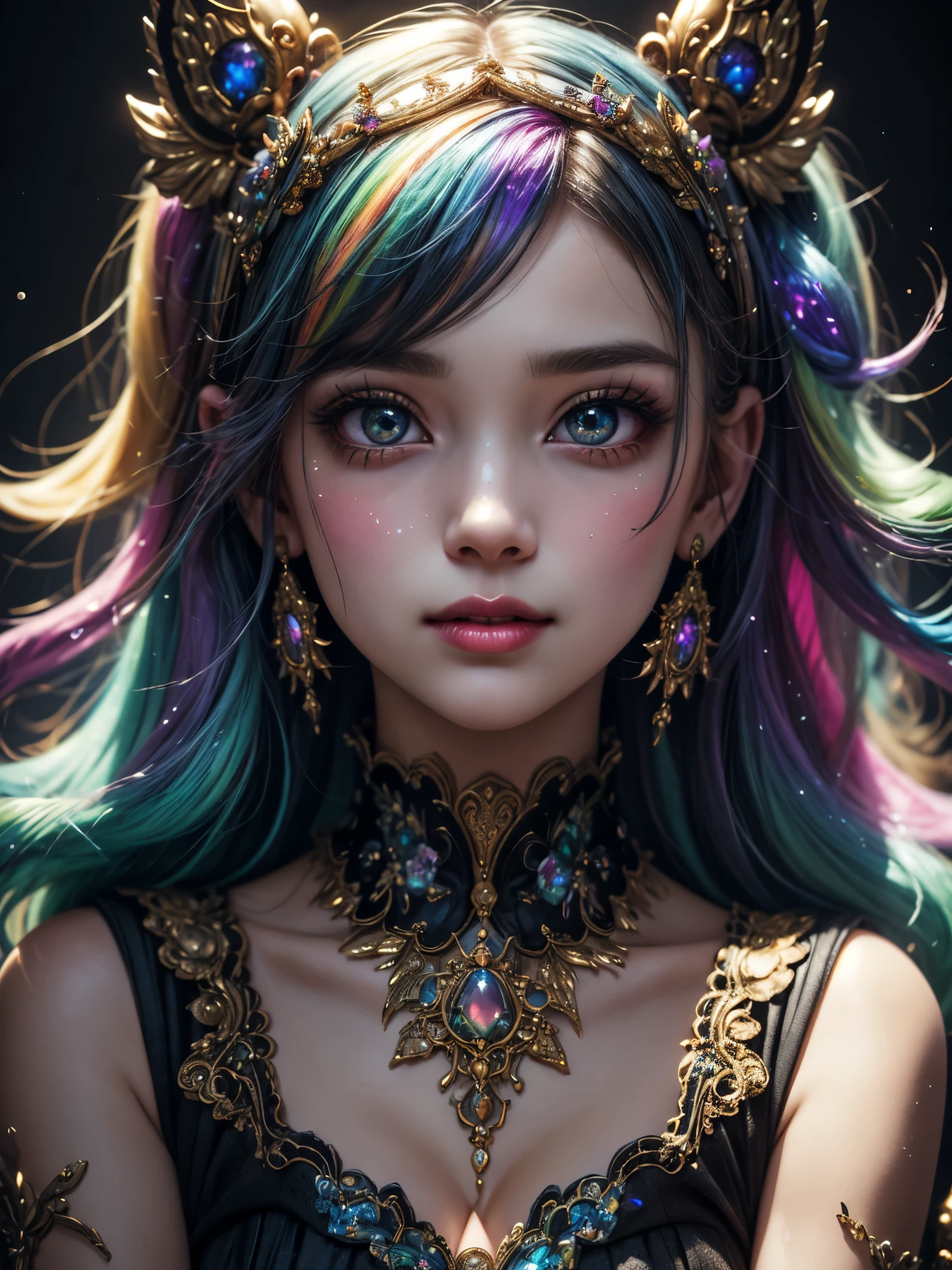 this artwork should be colorful and evoke feelings of euphoria and ecstasy. generate a beautiful fantasy woman with an interesting and dynamic manic expression. the woman is dressed in the style of harajuku decora fashion. there are many intricate and highly detailed decora fashion accents. clothing is ornate and extravagant with contrasting colors, textures, and patterns. include strong influences from lisa frank. include many awe-inspiring fantasy elements. ((include phantasmal iridescence, crystals, bumps, and rainbow colors that drip like paint through the artwork.)) rainbow paint should drip through hair and onto face and body. pay particular attention to a beautifully detailed face with realistic shading. include 8k eyes, highly detailed eyes, realistically detailed eyes, macro eyes, bright eyes. the overall feeling of this artwork should be happiness and excitement. the artwork should be highly ornate. impress me. the artwork should be highly creative and ultra ornate. include many decora decorations and accessories. (fantasy00d), high quality, highres, detail enhancement