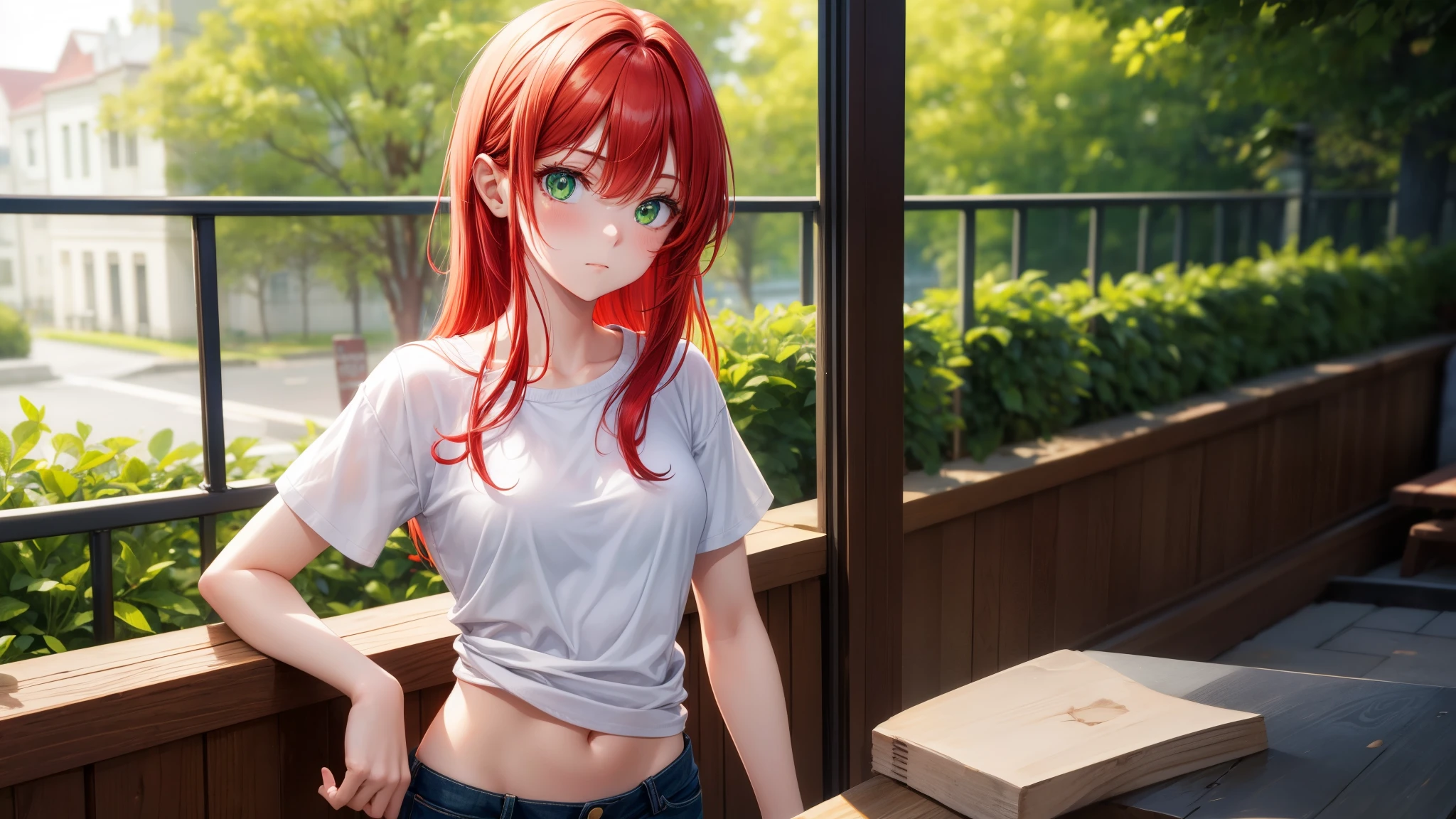 Best quality, ultra high resolution, 1 girl, Red hair, Green eyes, short and thin body, wearing a white shirt and shorts, ((shyexpression)),