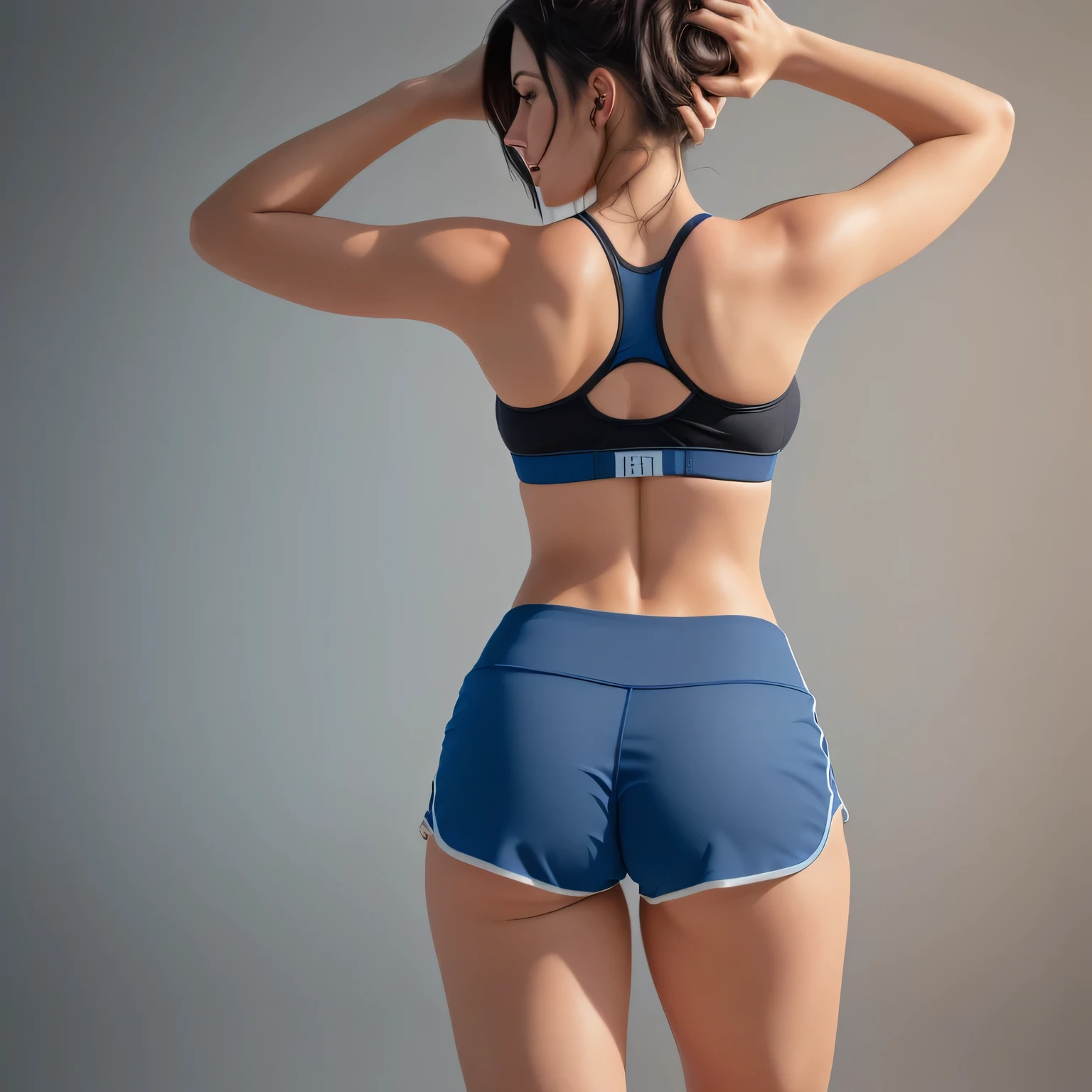 there is a woman who is playing with a remote control, sports bra and dark blue shorts, with her arms up, photo taken from = back, toned butt, working out, back pose, in action pose, back photo, back photo, sports bra and shorts, rear view!!, with arms up, toned bottom, striking a cheeky, extremely hot and sexy pose. back photo, toned back, back photo, from behind. Beautiful woman, perfect body, 38 years old, beautiful woman, dark brown eyes, ((beautiful slim woman, 38 years old, hair color [black hair], thin waist, charming, fair skin, (sexy), (detailed face) , detailed eyes, ,(hot), beautiful body and soft, voluptuous woman, crop top, thong, shorts, ((full body)). Ultra HD, 16K. Photorealistic, detailed and realistic hands, 5 fingers per hand, dark hair, full body photo, clear and high quality photo. Masterpiece: 1.3, high resolution, (photographically realistic), 8k, NUDE, NUDITY, NFSW.