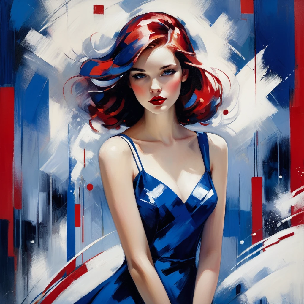 (best quality,realistic:1.37), painting of an emotional girl, snowy whimsical fantasy scene, vibrant colors of white, crimson, and royal blue mini dress, abstract shapes and lines brush strokes, poster art, emotional atmosphere. Impressive oil on canvas, Fine paintings, monochromatic. malcolm liepke oil painting, impressionist painting. art deco background