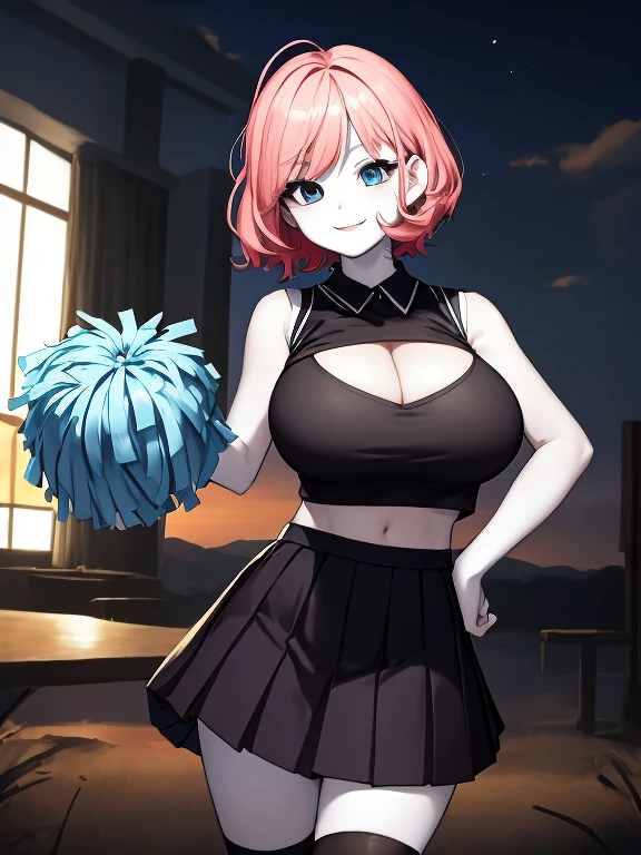masterpiece, best quality, highres, short hair, blue eyes, 1girl, solo, sleeveless cheerleader uniform, black skirt, black thighhighs, eyelashes, pleated skirt, (cheerleader), bangs, smile, hand on hip, hand holding chest, indoors, wide hips, ((gigantic cleavage))