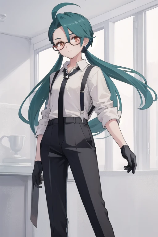 ((highest quality)), ((masterpiece)), (be familiar with),One girl,Chile,White Eyes,Earrings,Small breasts,Flat Chest,Black tie,shirt,White shirt,suspenders,Black gloves,Black trousers,shoes,good looking,Glasses,