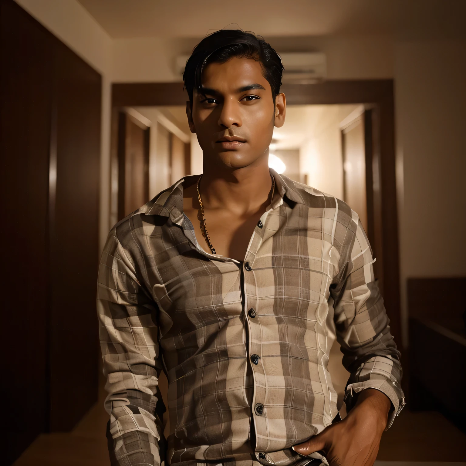 Indian model, looking very smart, change hair style, Change background, professional photo shoot, High quality meet image.
