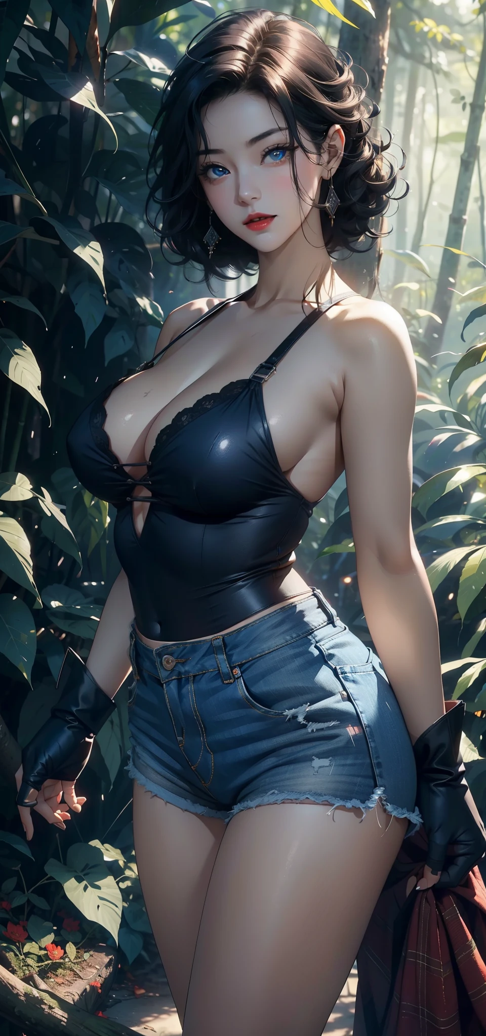 1 female,45 years old,Large Breasts,Long legs,Big breasts and thin waist, 照片曝Light,(background:In the woods,Rainforest,In the summer,Strong wind) She has short black hair,,curls,Red lips,stand up,Front view, OK, Gloomy sky,(((masterpiece),(Highly detailed CG Unity 8k wallpaper),最OK质量,Light,详细background,Beautiful blue eyes,(Very delicate and beautiful),(Beautiful and detailed description of the eyes),Super detailed,masterpiece,)),face camera,high resolution,Super detailed),Exposing breasts,Sexy bulge,Lumberjack(wear:Blue shirt,Deerskin gloves,Skinny denim shorts)