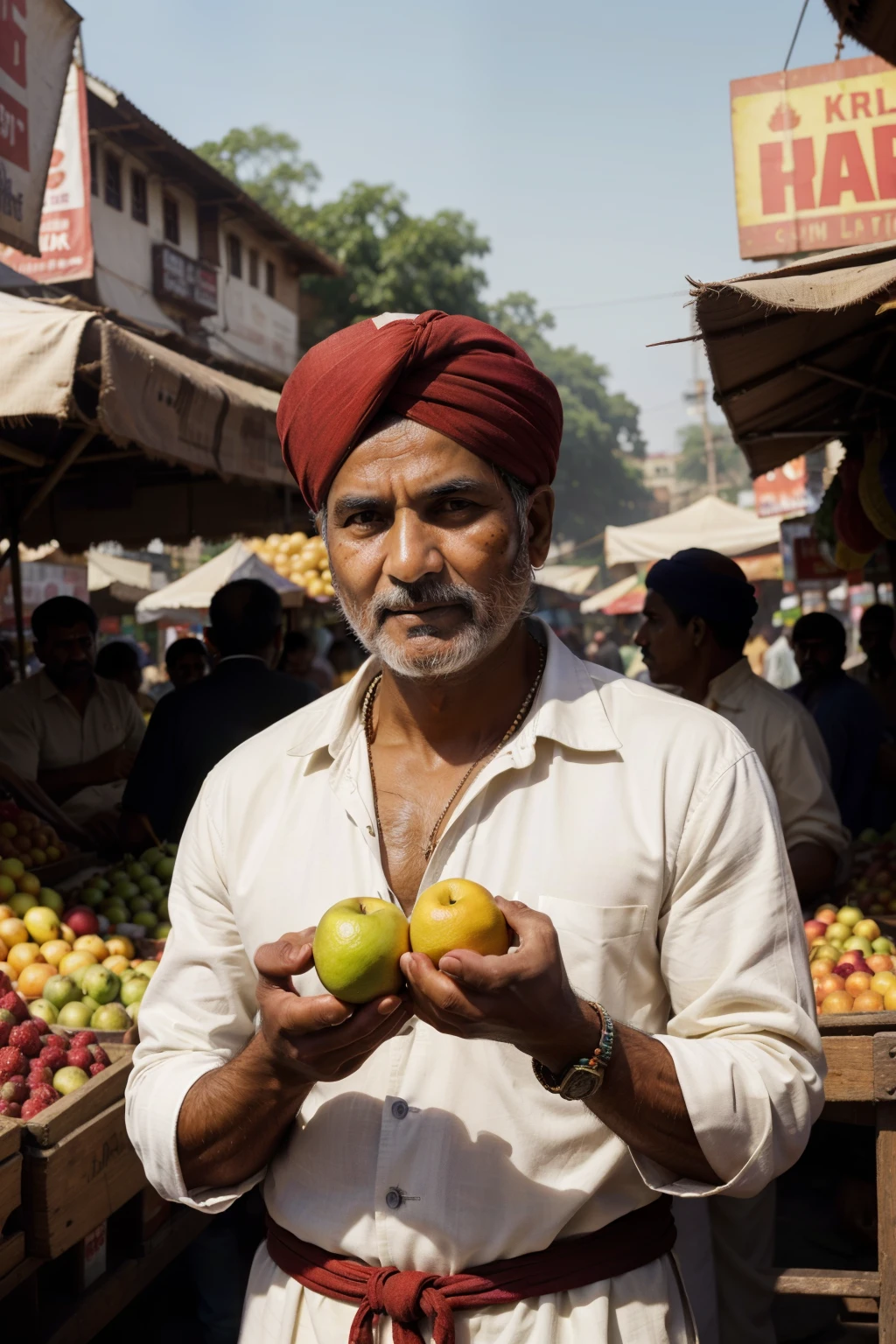(Best quality, High resolution, Ultra-detailed: 1.3), Vibrant colors, Indian market scene, Busy and chaotic atmosphere, Ripe and juicy fruits on display, Traditional Indian man wearing a colorful turban and dhoti, Warm sunlight filtering through the market stalls, Concentrated expression as he engages with customers, Detailed skin texture, Wrinkles around his eyes from years of sun exposure and hard work, Hands holding out fresh fruits for selection, (Sharp focus on the man's face and eyes: 1.2), Authentic and raw textures, Market noise in the background, Realistic shadows and highlights, Cinematic look