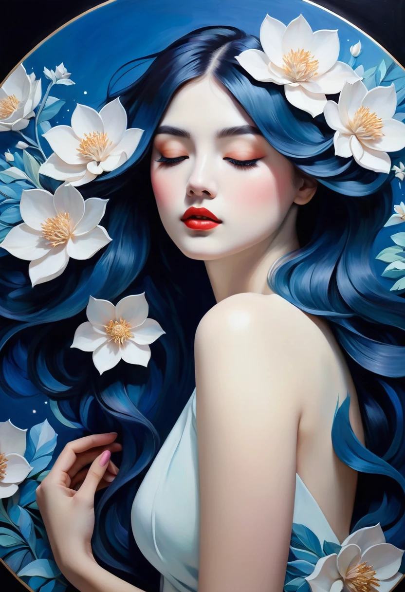 chiaroscuro technique on sensual illustration of an elegant , retro and vintage ,silky flower around body, matte painting, by Hannah Dale, by Harumi Hironaka, extremely soft colors, Blue and white porcelain,Ceramic material,femele,Embossed petals,artwork of a,Long hair, circle eyes, shadowing, anaglyph, stereograms, angle of view, Atmospheric perspective, 8K, Super detail, ccurate, Best quality
