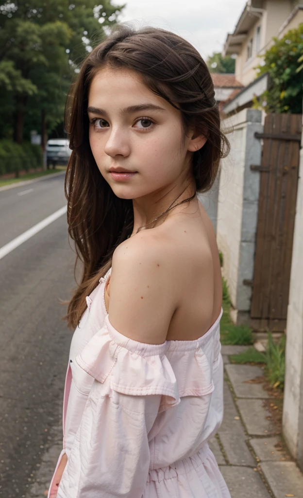 Masterpiece, white skin, textured skin, super detail, high details, high quality, 8k, nice pose, road night background, dark shadow, less light, nature light, side lighting to face beautifull ((14 years old girl)) A pink jacket, cute girl, beautiful girl, cute detailed , realsltic, A cute girl, perfect face, beautifull 14 years old girl,14 years old girl, cute face, perfect face shape ((looking at side way)) ((open shoulder))
