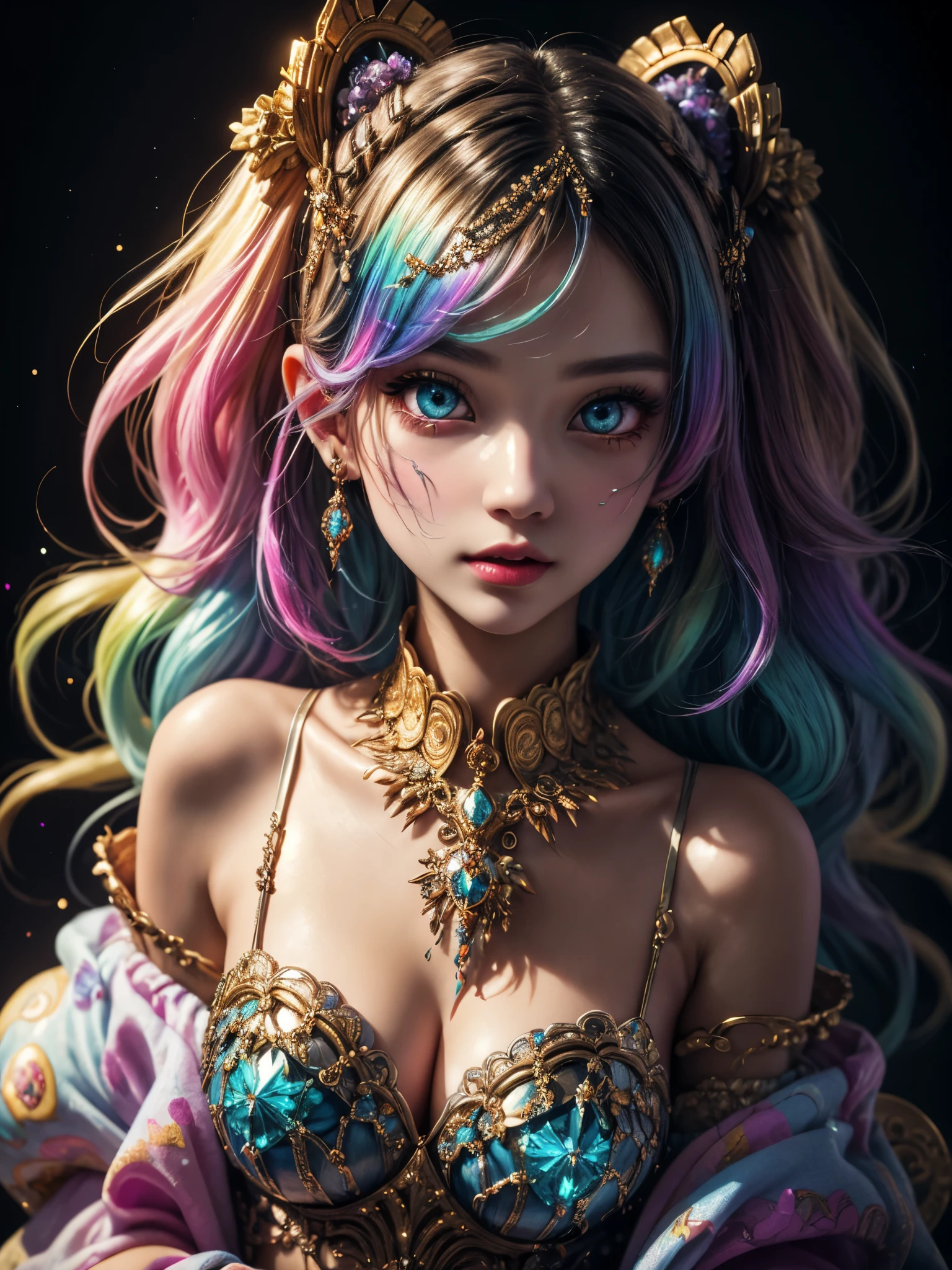 this artwork should be colorful and evoke feelings of euphoria and ecstasy. generate a beautiful fantasy woman with an interesting and dynamic manic expression. the woman is dressed in the style of harajuku decora fashion. there are many intricate and highly detailed decora fashion accents. clothing is ornate and extravagant with contrasting colors, textures, and patterns. include strong influences from lisa frank. include many awe-inspiring fantasy elements. ((include phantasmal iridescence, crystals, bumps, and rainbow colors that drip like paint through the artwork.)) rainbow paint should drip through hair and onto face and body. pay particular attention to a beautifully detailed face with realistic shading. include 8k eyes, highly detailed eyes, realistically detailed eyes, macro eyes, bright eyes. the overall feeling of this artwork should be happiness and excitement. the artwork should be highly ornate. impress me. the artwork should be highly creative and ultra ornate. include many decora decorations and accessories. (fantasy00d), high quality, highres, detail enhancement