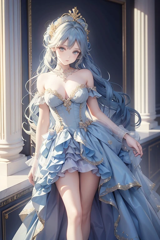 In a luxurious room, a beautifully dressed female character stands. She wears a crown atop her head, and her gorgeous dress combines shades of blue and gold. The dress features ruffles at the shoulders and a large ribbon at the hem. Her long, wavy, and curly hair is rendered with realistic color and texture.