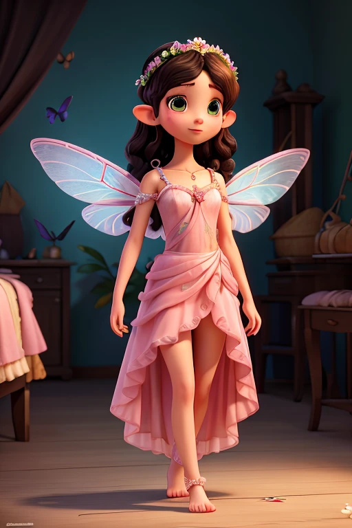 fairy, , large prominent wings decorated with flowers and butterflies,creet pointed elf ears, long black curly hair adorned with a flower crown giving a romantic air, long dress, fluid pink brown details, bare collarbone shoulders, pink flowers and green leaves decorating all the dresses, barefoot, ropes and flowers decorating ankle and arm, black eyes, perfect dark skin, realistic, long eyelashes, mesmerizing beauty, alone in the scene, full body, walking, facing the camera, looking at front, in studio, without scenery, 8k
