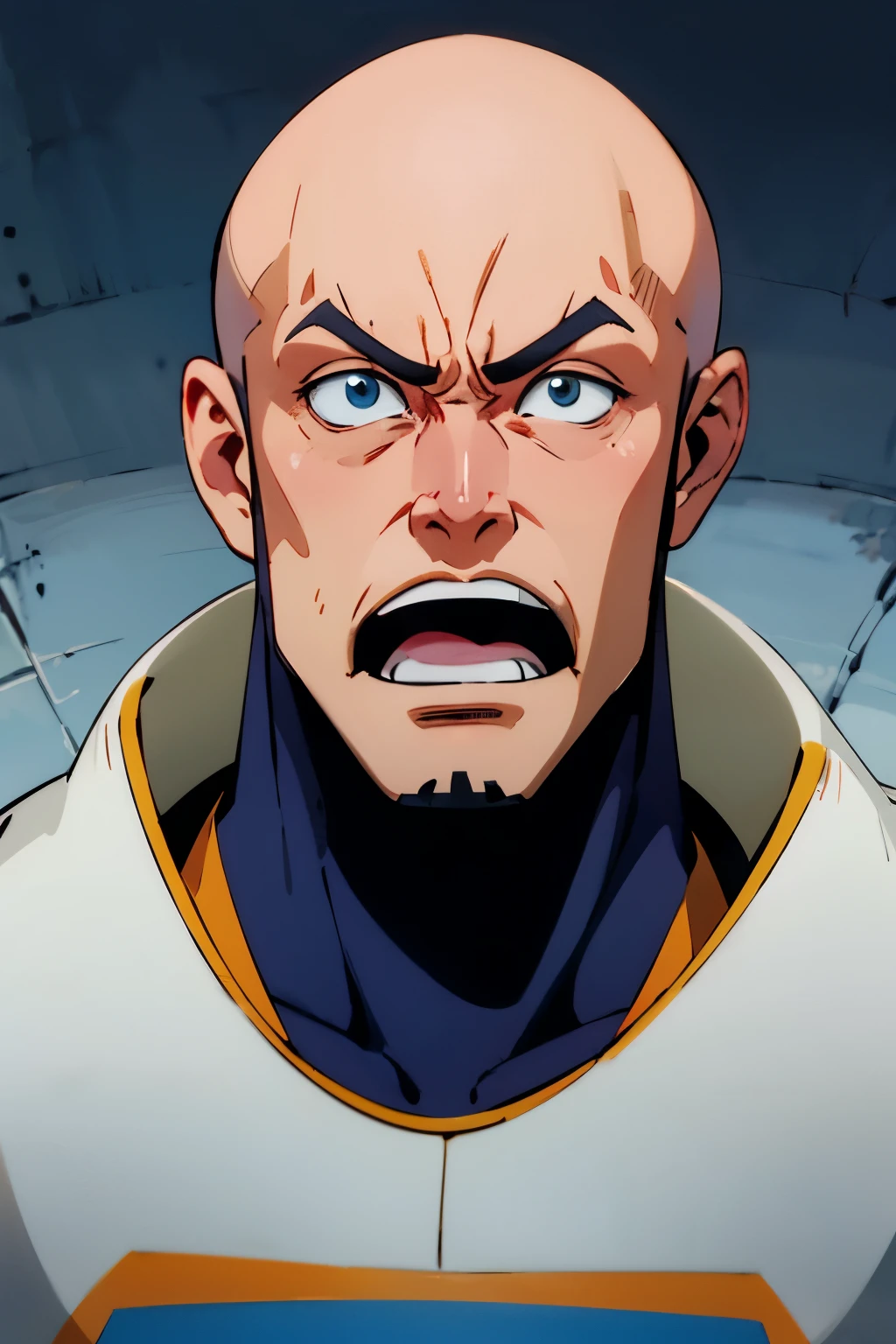 Elon Musk totally bald, big mouth, full lips, serious look, closed mouth, wide jaw in manga style.