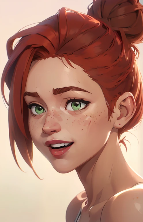 (((2 characters))), ((1guy, jon, a young guy in his 30s with asymmetric very short brown hair, green eyes, a flat nose, smooth skin, slim athletic body)), ((1girl, jennifer lawrence, 1girl, red haired chubby pale girl, green eyes, freckles, half asymetric red hair, cute, nude, small height, stain lipstick, long eyelashes, primer, cream eyeline, ((small breasts)), cute, beautiful, realistic style, highly detailed, 4k)), (((portrait close-up))), (((exaggerated laugh, side perspective)))