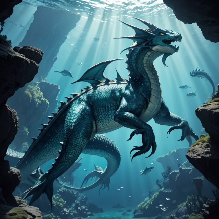 Underwater, deep water, looking up, aquatic dragon swimming overhead, looking at dragon from below, huge dragon, large powerful tail, dragon blocking light, focus on dragon, fish in background, rock ledges, seaweed, deep blue, breathtaking, gorgeous