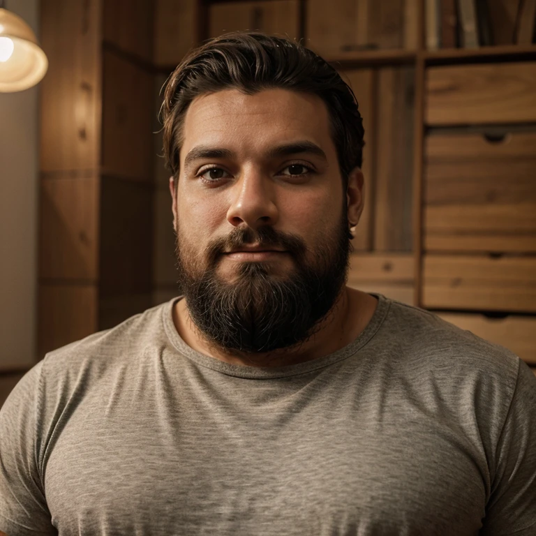Homem baixo, medium body, barba pequena, rosto um pouco redondo, com roupas casual 