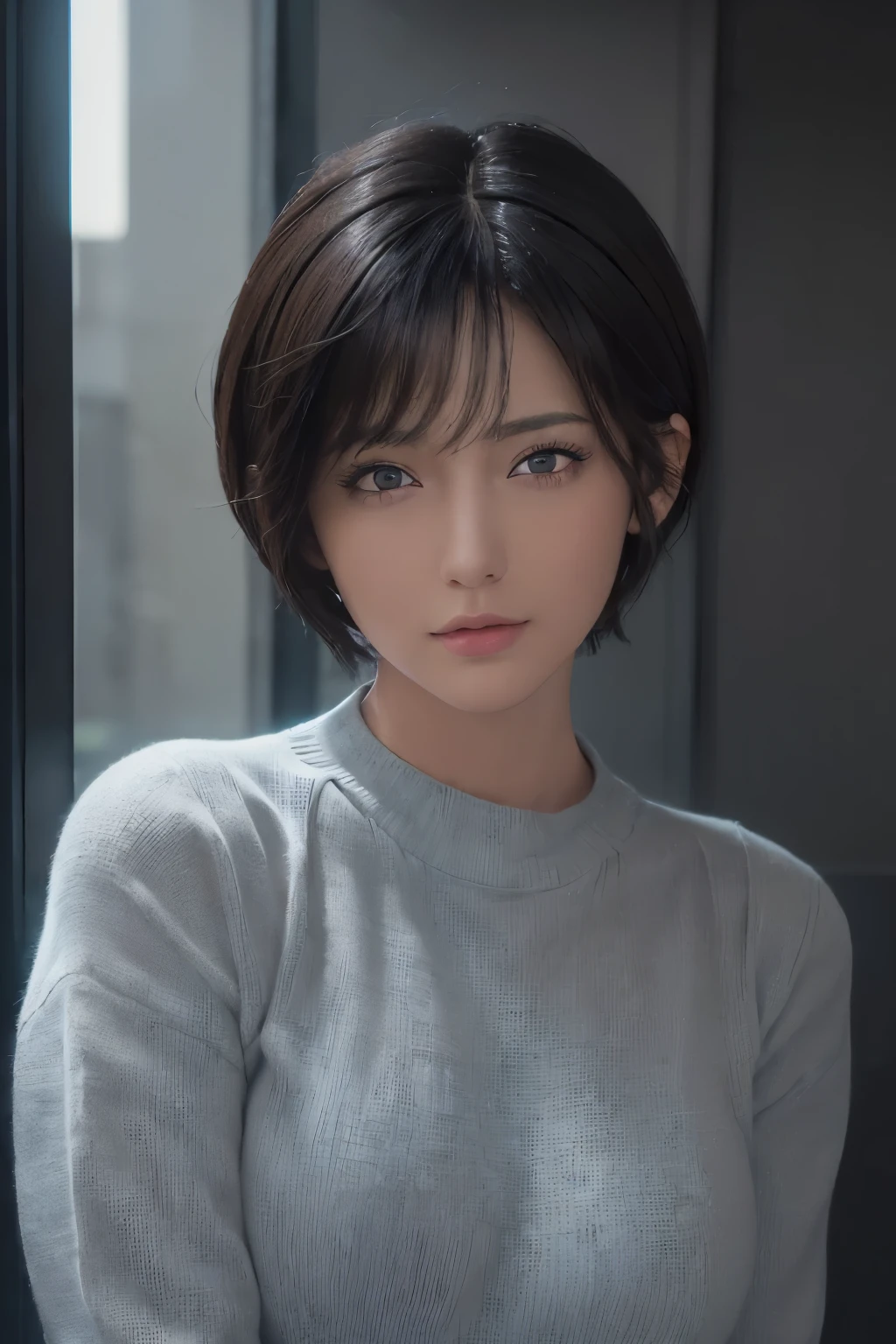 (masterpiece:1.3), (8k, photorealistic, RAW photo, best quality: 1.4), (1girl), beautiful face, (realistic face), (black hair, short hair:1.3), beautiful hairstyle, realistic eyes, beautiful detailed eyes, (realistic skin), beautiful skin, (sweater), absurdres, attractive, ultra high res, ultra realistic, highly detailed, golden ratio