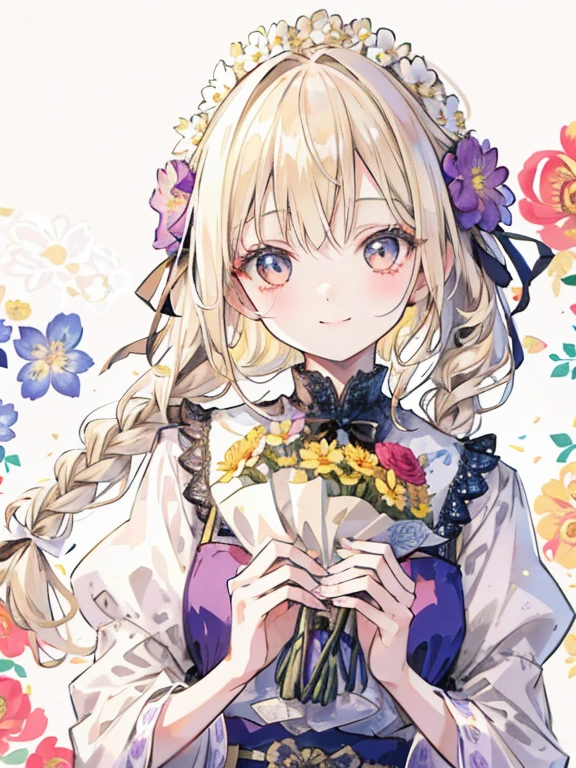 girl,thin blonde hair,long braided hair,holding a bouquet of lace flowers,celebration,｢1300｣characters,big smile,((Flower background:1.3)),close up of face