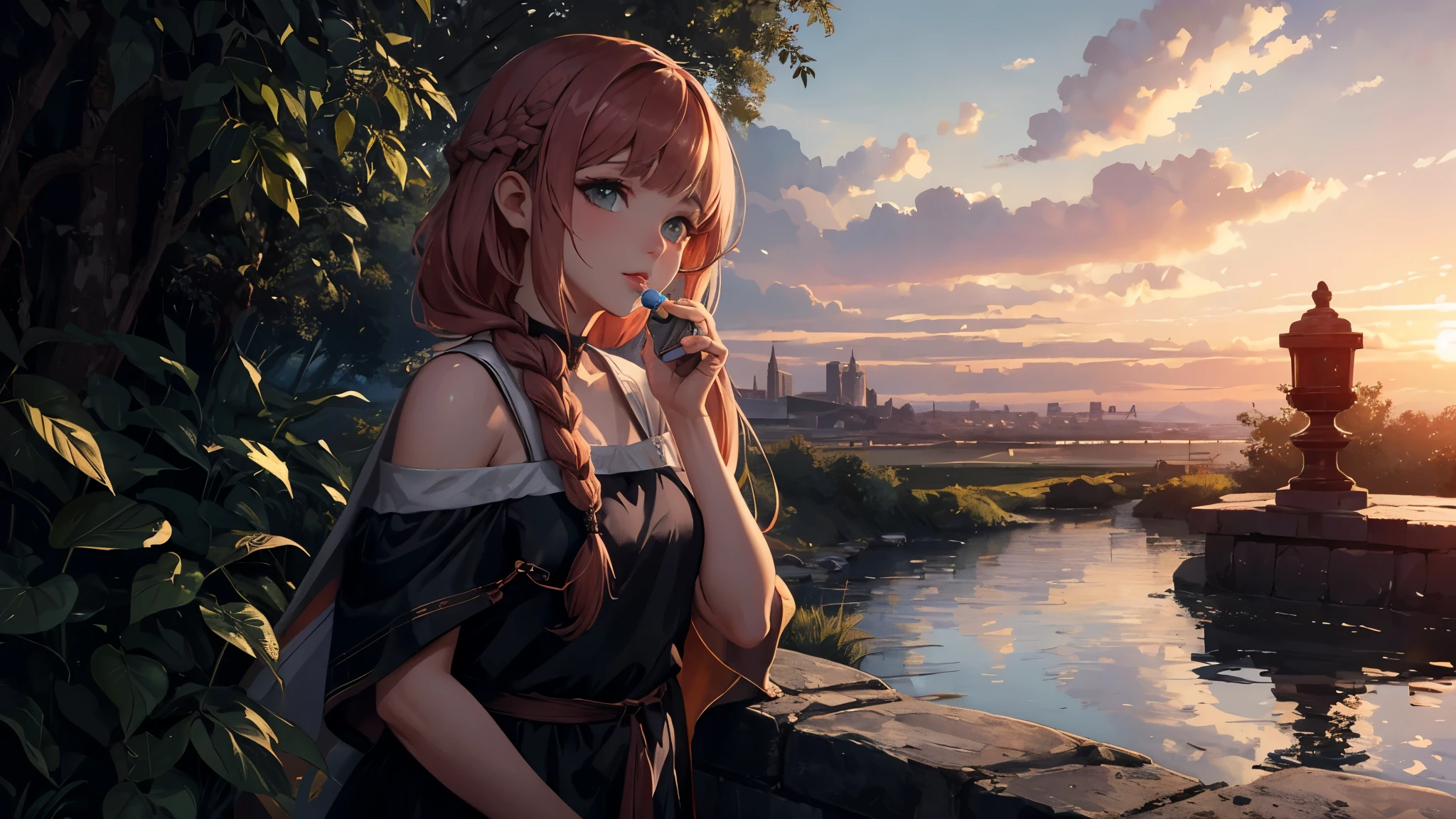 (masterpiece misguided style, best quality, dusk:1.3), a cute irish girl, portrait-type, copper, chubby, , gray waterfall braid, lip balm, sunset background, Exquisite, trending on CGSociety