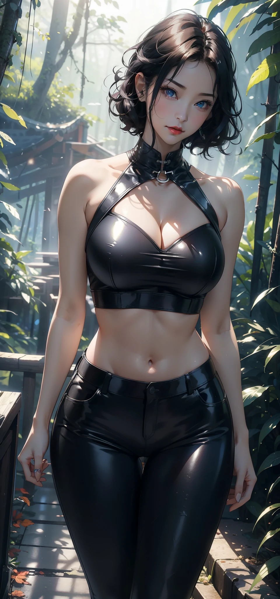 1 female，45 years old，Large Breasts，Long legs，Big breasts and thin waist， 照片曝Light，（background：In the woods，Rainforest，In the summer，Strong wind） She has short black hair，，curls，Red lips，stand up，Front view， OK， Gloomy sky，（（（masterpiece），（Highly detailed CG Unity 8k wallpaper），最OK质量，Light，详细background，Beautiful blue eyes，（Very delicate and beautiful），（Beautiful and detailed description of the eyes），Super detailed，masterpiece，）），face camera，high resolution，Super detailed），Exposing breasts，Sexy bulge，Lumberjack（wear：Quilted jacket，Tight leather pants）