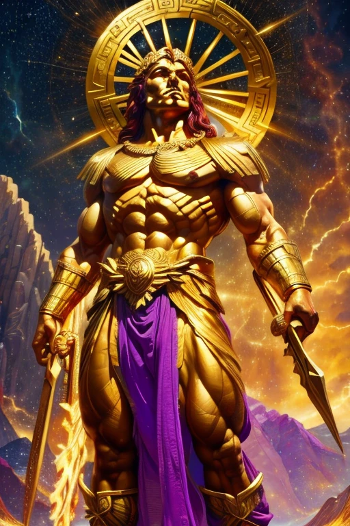 apollo,greek god of sun,(best quality,4k,8k,highres,masterpiece:1.2),ultra-detailed,(realistic,photorealistic,photo-realistic:1.37),golden light,beaming sunlight,heavenly radiance,sculpture-like,divine figure,masculine physique,tall and muscular,idealized face,perfectly chiseled features,flowing golden hair,golden laurel wreath,gleaming sun chariot,powerful stance,royal purple robes,constellation of stars,Mount Olympus in the background,vivid colors,ethereal glow