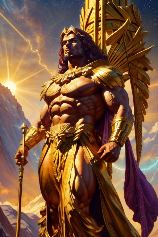 apollo,greek god of sun,(best quality,4k,8k,highres,masterpiece:1.2),ultra-detailed,(realistic,photorealistic,photo-realistic:1.37),golden light,beaming sunlight,heavenly radiance,sculpture-like,divine figure,masculine physique,tall and muscular,idealized face,perfectly chiseled features,flowing golden hair,golden laurel wreath,gleaming sun chariot,powerful stance,royal purple robes,constellation of stars,Mount Olympus in the background,vivid colors,ethereal glow