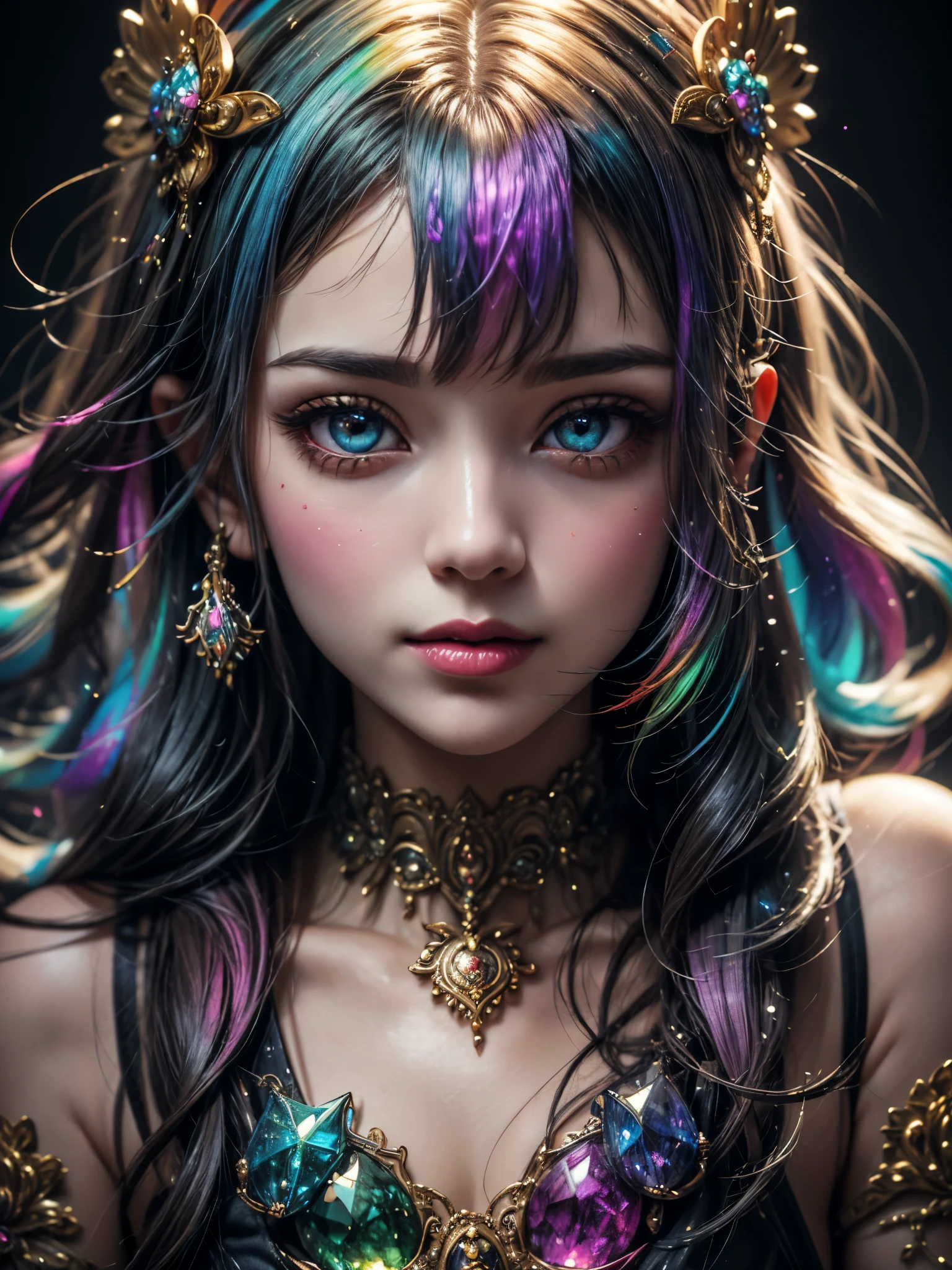 this artwork should be colorful and evoke feelings of euphoria and ecstasy. generate a beautiful fantasy woman with an interesting and dynamic manic expression. the woman is dressed in the style of harajuku decora fashion. there are many intricate and highly detailed decora fashion accents. clothing is ornate and extravagant with contrasting colors, textures, and patterns. include strong influences from lisa frank. include many awe-inspiring fantasy elements. ((include phantasmal iridescence, crystals, bumps, and rainbow colors that drip like paint through the artwork.)) rainbow paint should drip through hair and onto face and body. pay particular attention to a beautifully detailed face with realistic shading. include 8k eyes, highly detailed eyes, realistically detailed eyes, macro eyes, bright eyes. the overall feeling of this artwork should be happiness and excitement. the artwork should be highly ornate. impress me. the artwork should be highly creative and ultra ornate. include many decora decorations and accessories. (fantasy00d), high quality, highres, detail enhancement