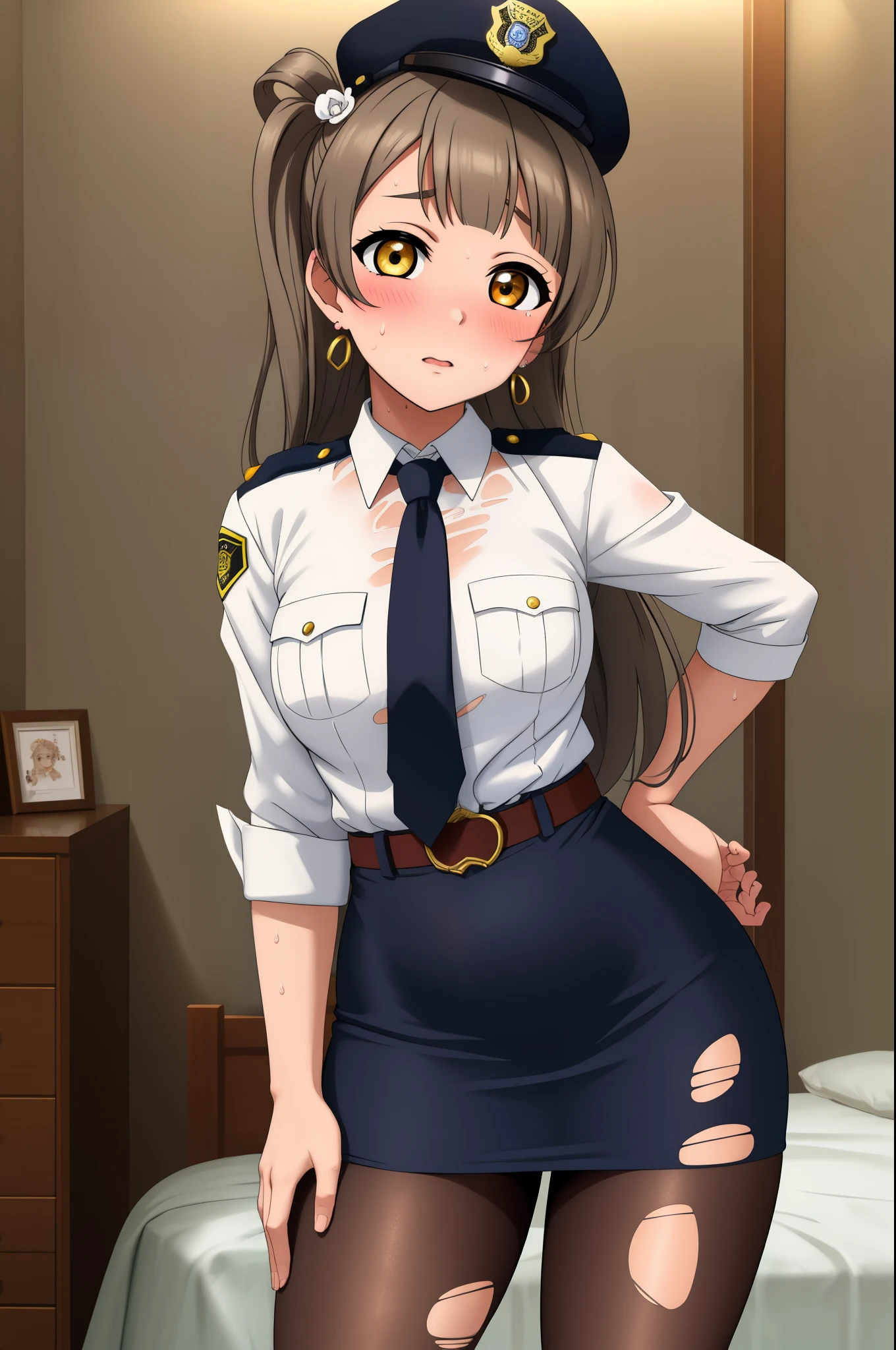 Masterpiece, best quality, (contrapposto:1.2),(detailed face), minami kotori, curvy body ,white shirt,half sleeves,earrings, pencil skirt, necktie , standing, arms back, slightly bent over,,police cap,in her boyfriend room,cowboy shot, thighs, wide hips , solo ,loose belt, pantyhose , skin tight  ,torn pantyhose,cum on thighs, blushing,sweaty